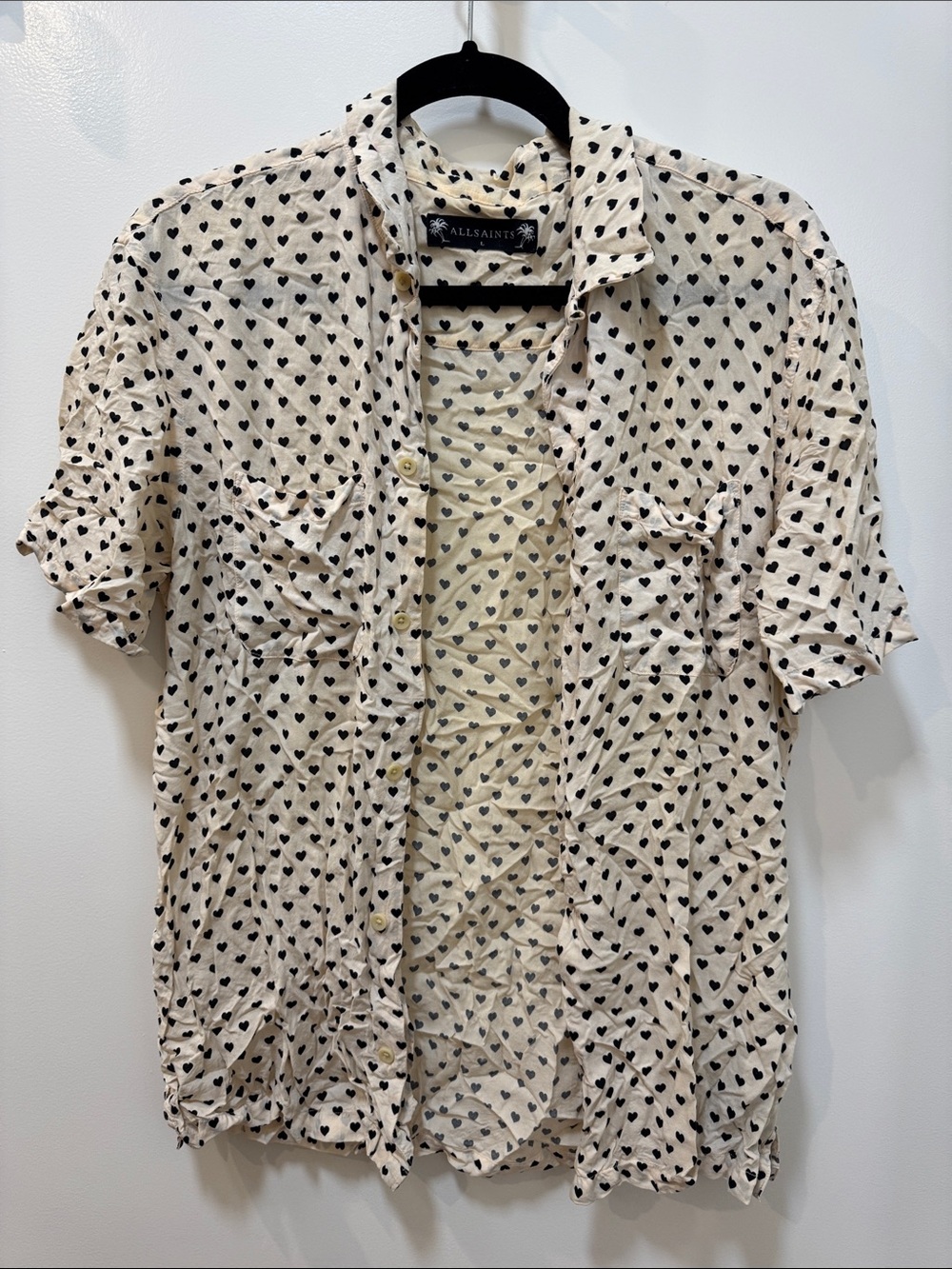 AllSaints Cream Short-Sleeve Button-Down with Black Heart Print
